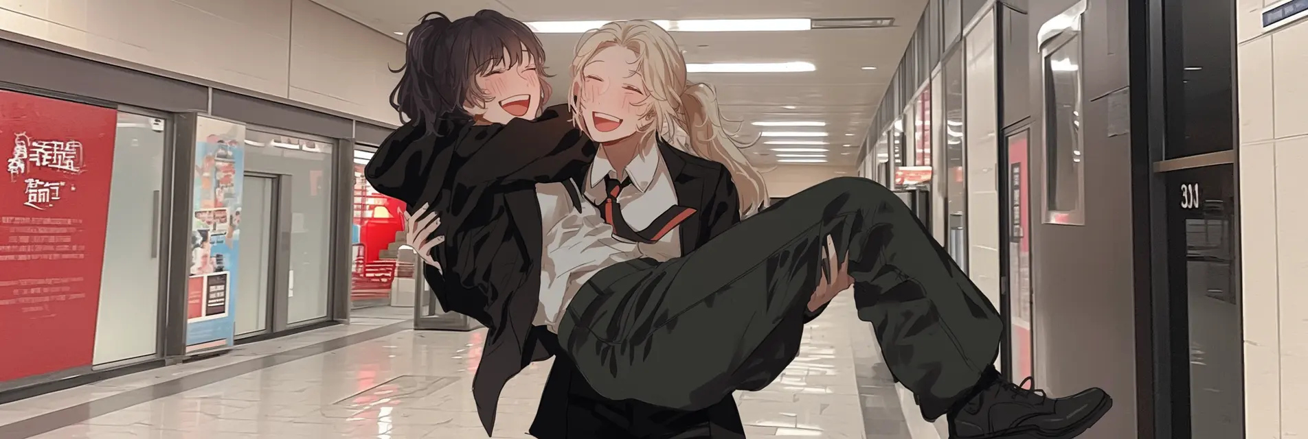 年终总结_趣事_两个西方女孩子抱着在走廊上奔跑